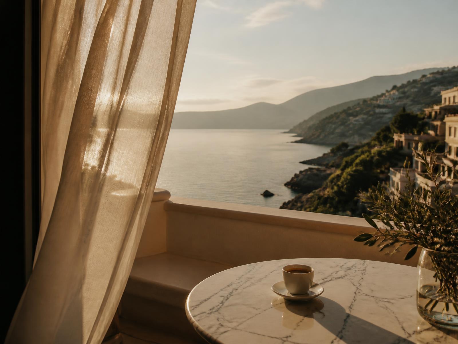 A quiet hotel terrace overlooking the sea at golden hour